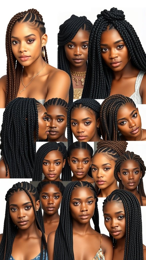 A collage of women showcasing various styles of jumbo boho knotless braids, highlighting different lengths, colors, and styles.