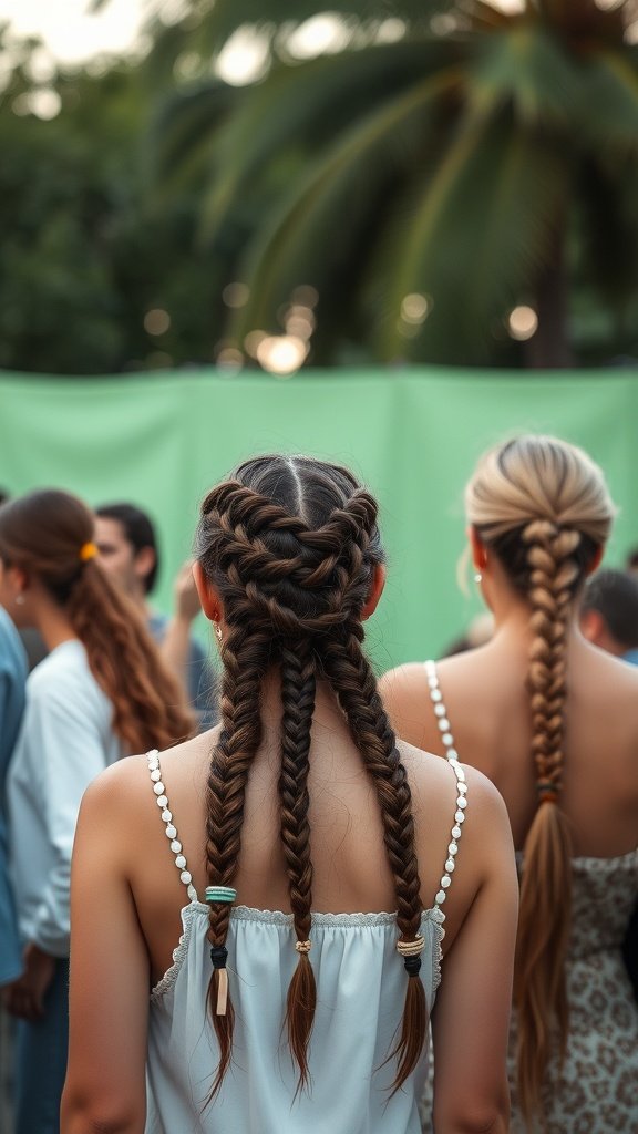 Two women showcasing knotless boho braids at a social gathering