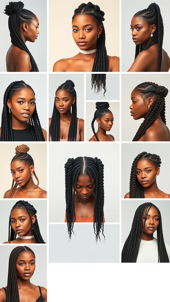 A collage of various knotless twist braid hairstyles showcasing different lengths and styles.