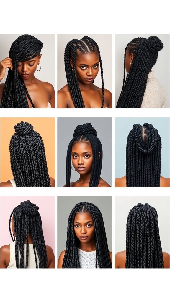 A collage of large knotless box braids hairstyles showcasing various styles and parting patterns.