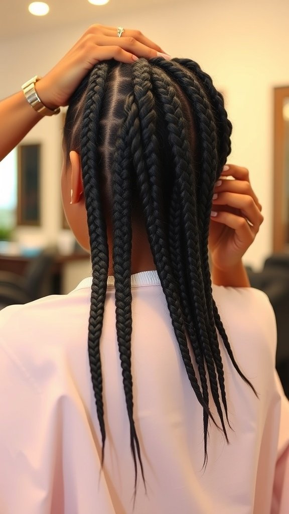 Close-up of the installation process of knotless box braids, showing neatly parted sections and braids being created.