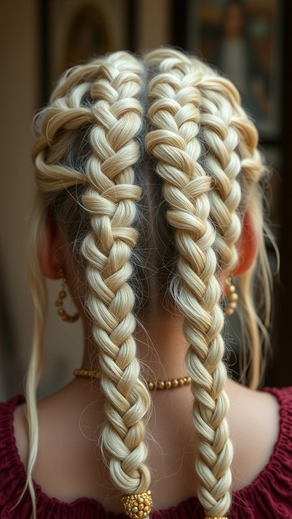 Back view of a person with blonde boho knotless braids, showcasing intricate braiding and golden accessories.