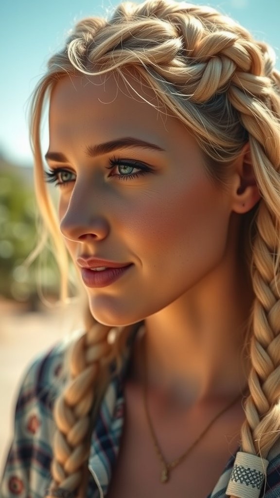 A close-up of a woman with blonde boho knotless braids, showcasing intricate braiding and a relaxed style.