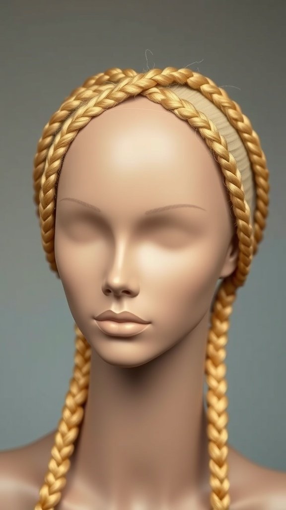 A mannequin displaying blonde knotless box braids styled elegantly.
