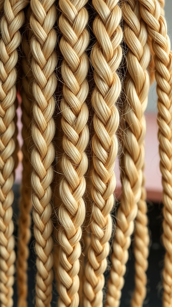 Close-up of blonde knotless braids, showcasing the intricate weaving and smooth texture.