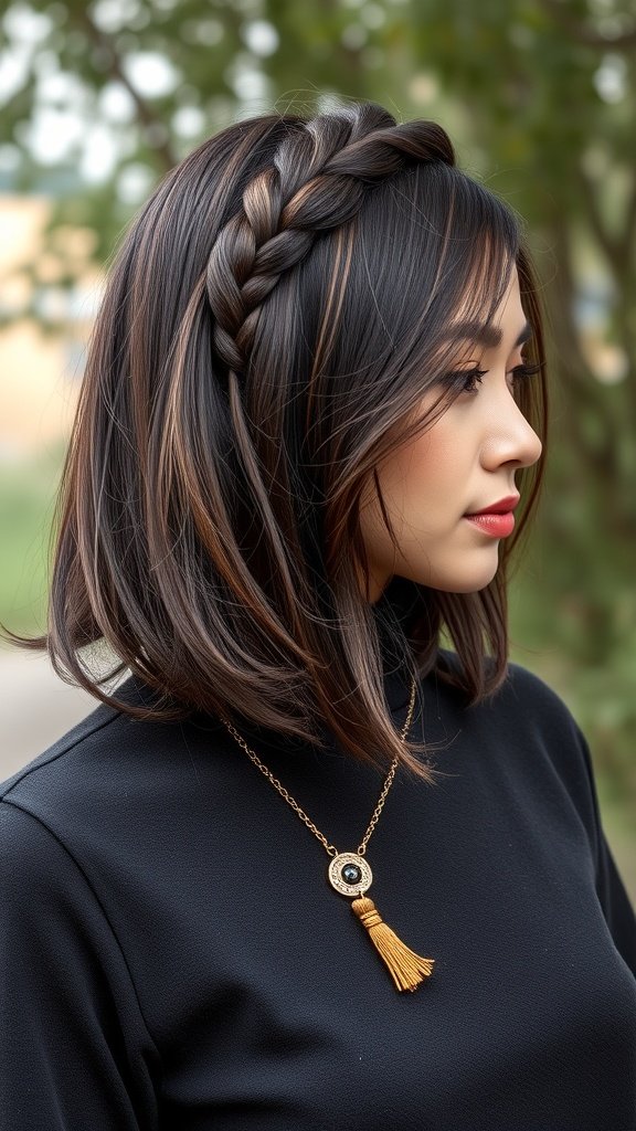 A woman with a stylish bob haircut featuring a braided crown, showcasing bob knotless braids.