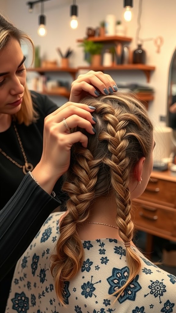 A stylist creating bohemian knotless braids on a client's hair.