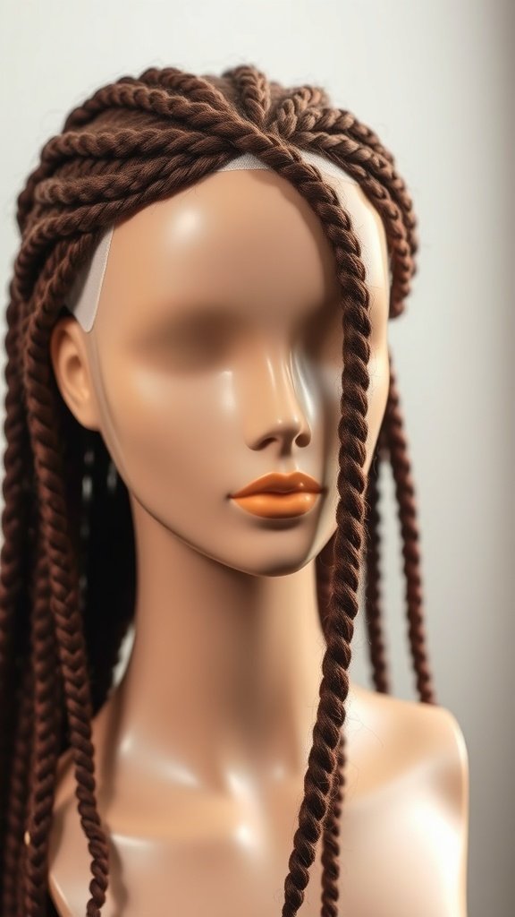 A mannequin with brown knotless braids, showcasing a stylish hairstyle.