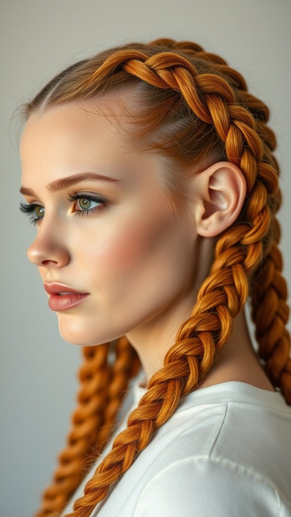 A model with ginger knotless braids styled elegantly.