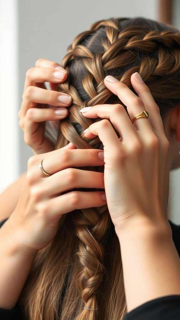A close-up of hands braiding hair into knotless boho braids, showcasing the intricate weaving technique.