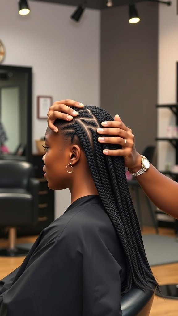 A stylist working on knotless box braids in a salon setting.