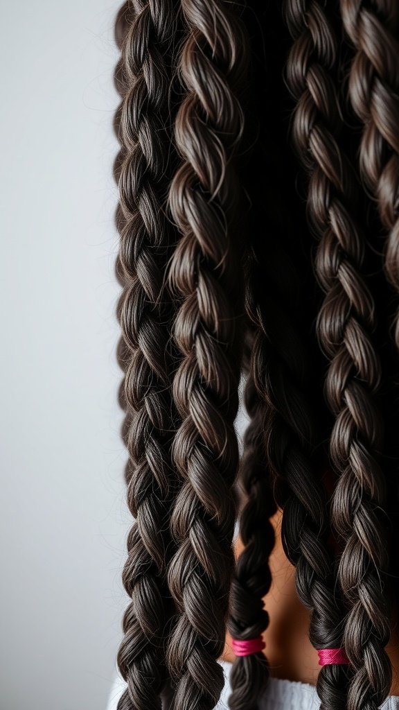 Image of long knotless braids with curly ends, showcasing a stylish and protective hairstyle.