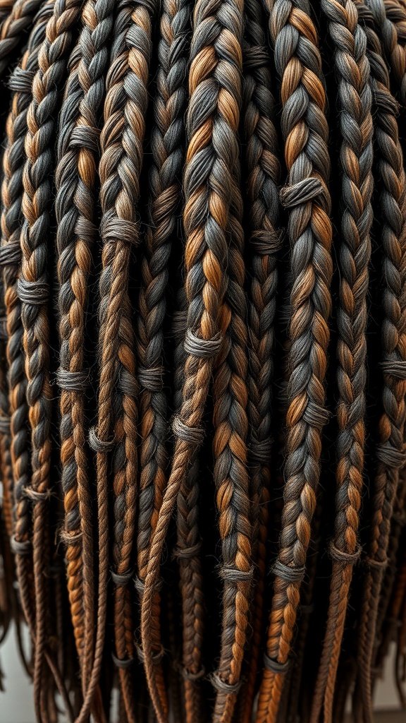 Close-up of small boho knotless braids in brown and black colors