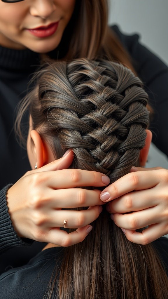 A stylist creating a knotless braid on a client's hair, showcasing a neat and intricate braid pattern.