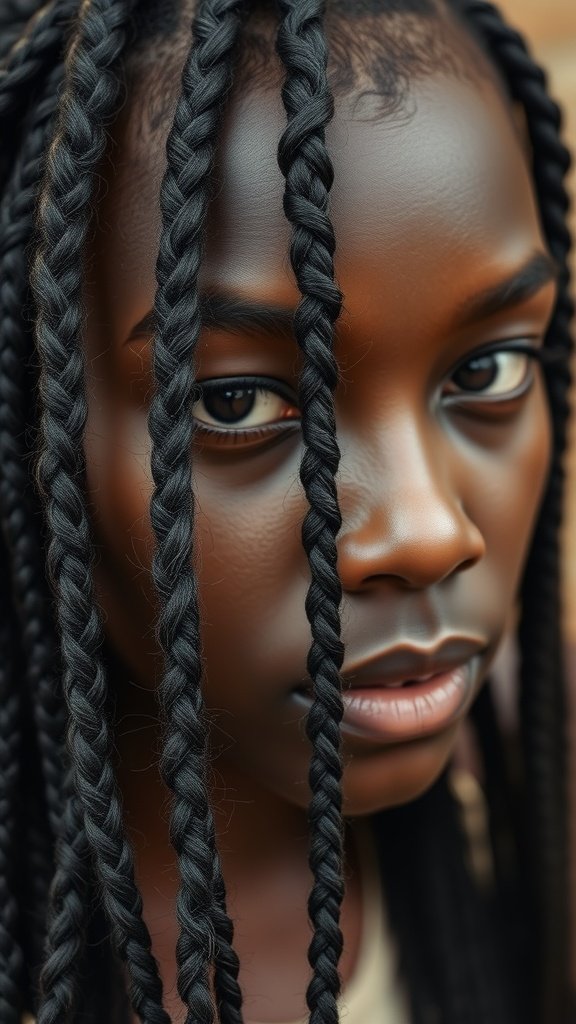 Close-up of a person with short boho knotless braids, showcasing the neatness and elegance of the hairstyle.
