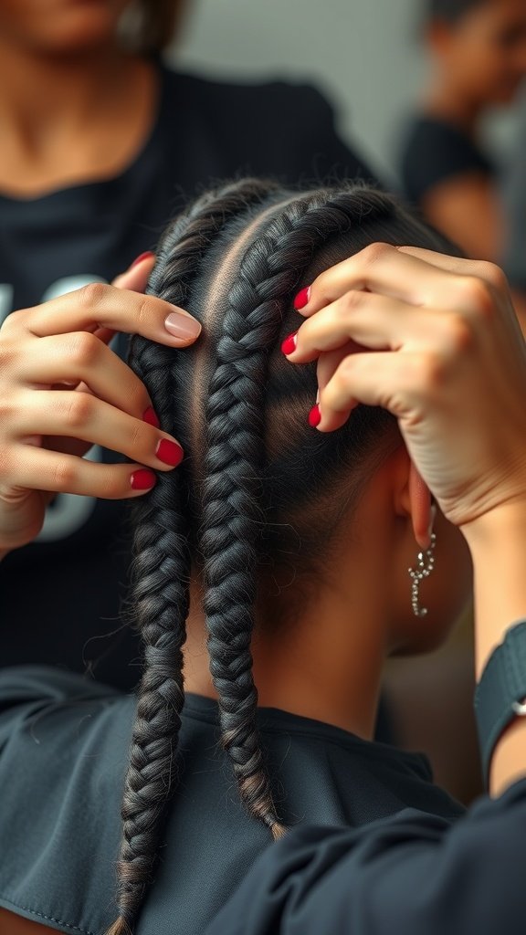 A stylist creating knotless braids on a client's hair, showcasing the intricate process.