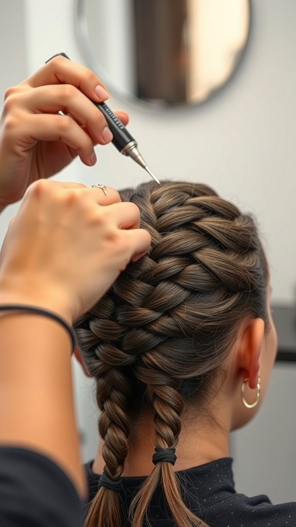 A stylist braiding hair into knotless braids, showcasing the intricate design and technique.