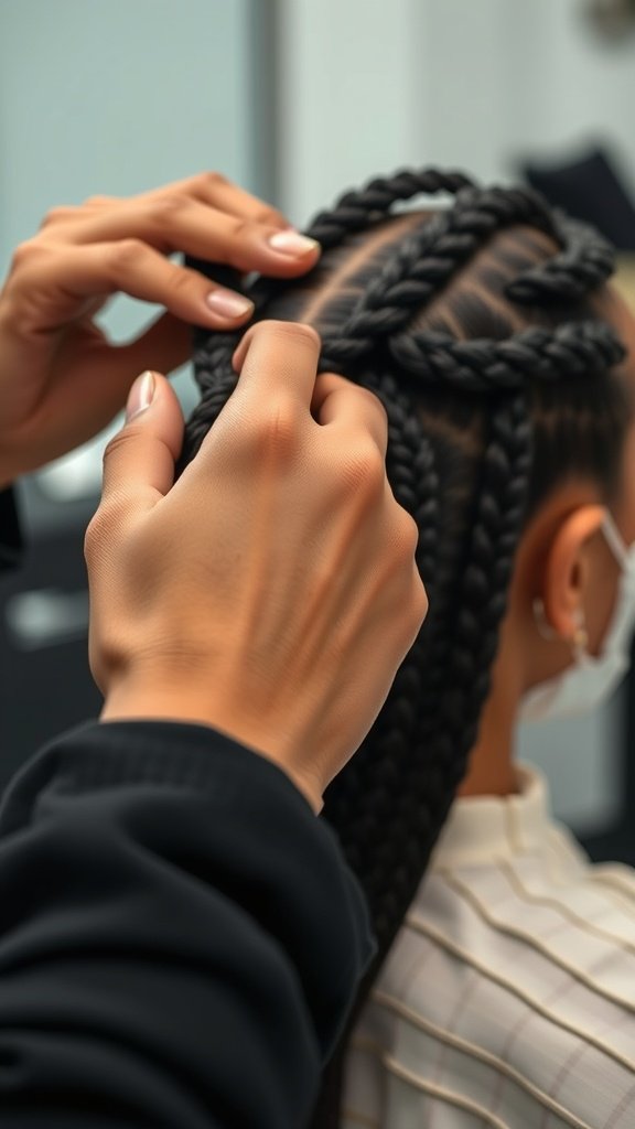 A close-up of hands styling knotless twist braids on a person's hair.