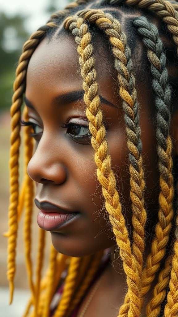 Close-up of a woman with lemonade braids in a mix of colors, showcasing a stylish and modern hairstyle.