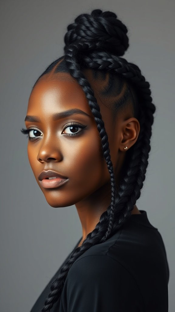 A woman with jet black knotless braids styled in a high bun, showcasing the intricate details of the braids.