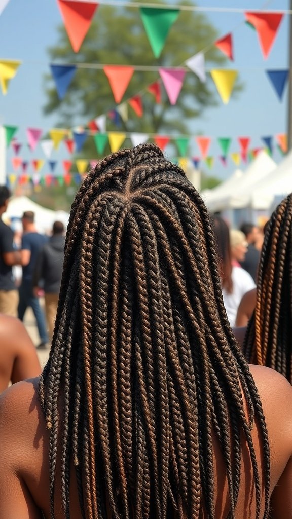 A back view of a person with jumbo boho knotless braids at a festival, surrounded by colorful flags.
