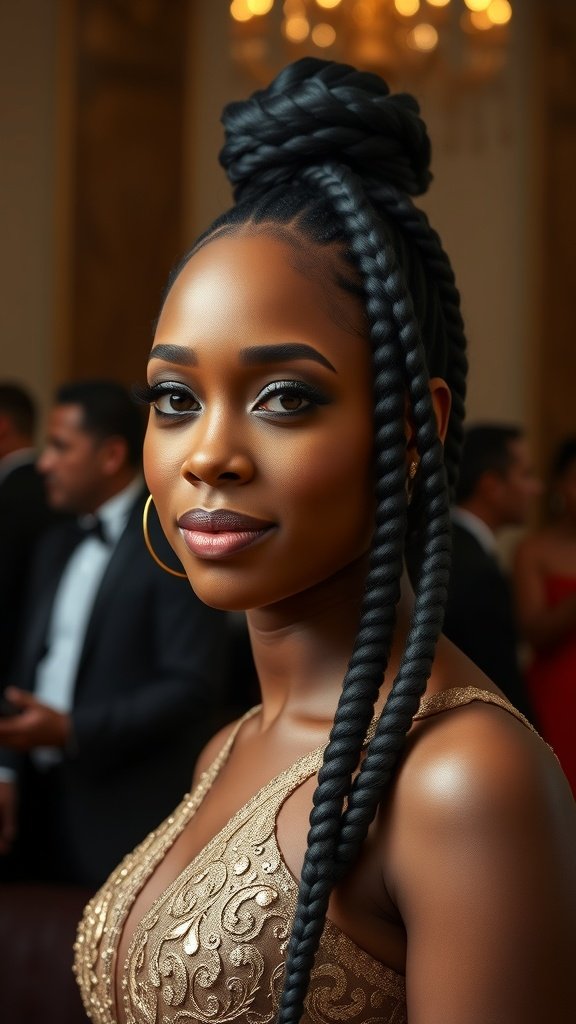 A woman with Jumbo Boho Knotless Braids styled elegantly for a formal event.