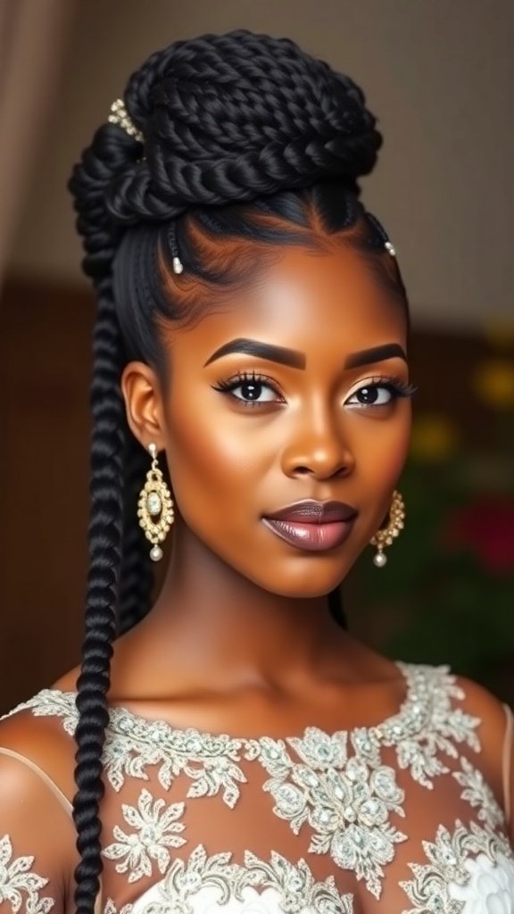 A woman with Jumbo Boho Knotless Braids styled elegantly for a special occasion.