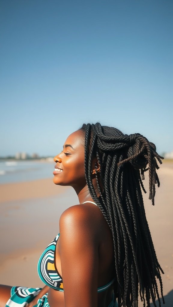 A woman with jumbo boho knotless braids enjoying a sunny beach day.