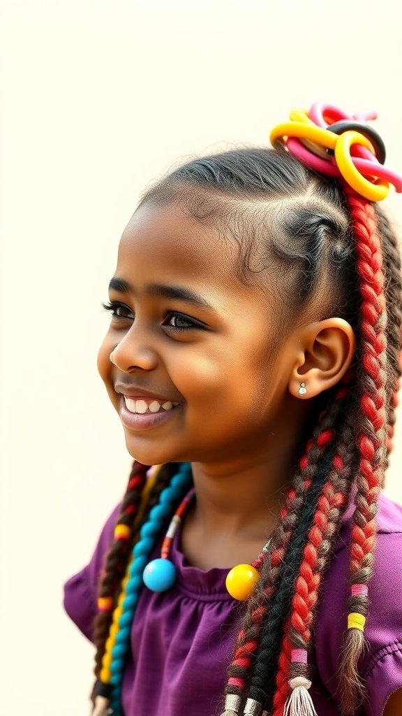 A young girl with colorful jumbo boho knotless braids, smiling and wearing a purple shirt with playful accessories.