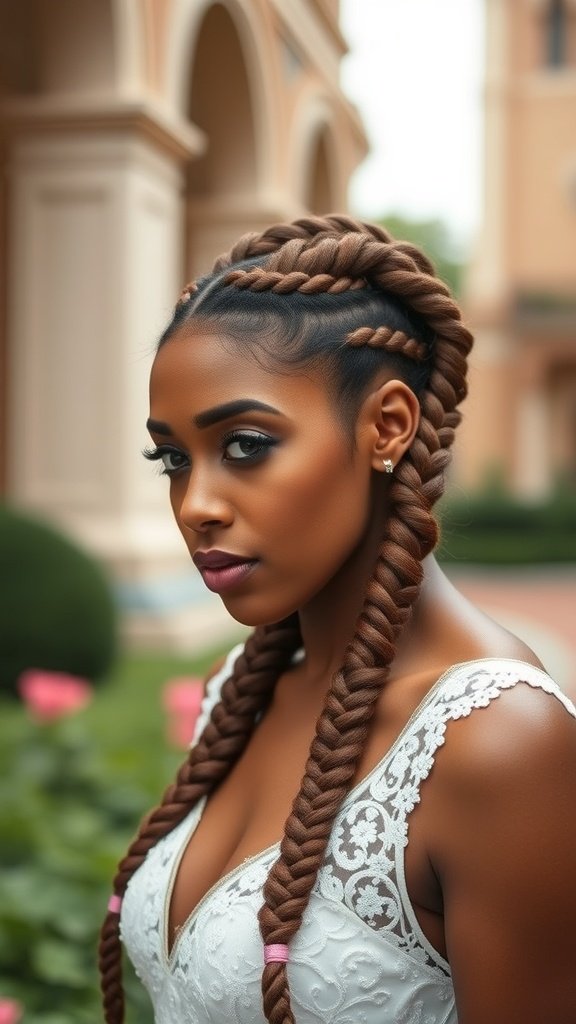 A woman with jumbo boho knotless braids, wearing a white dress, posing outdoors.