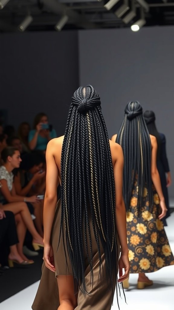 Models showcasing jumbo boho knotless braids on the runway