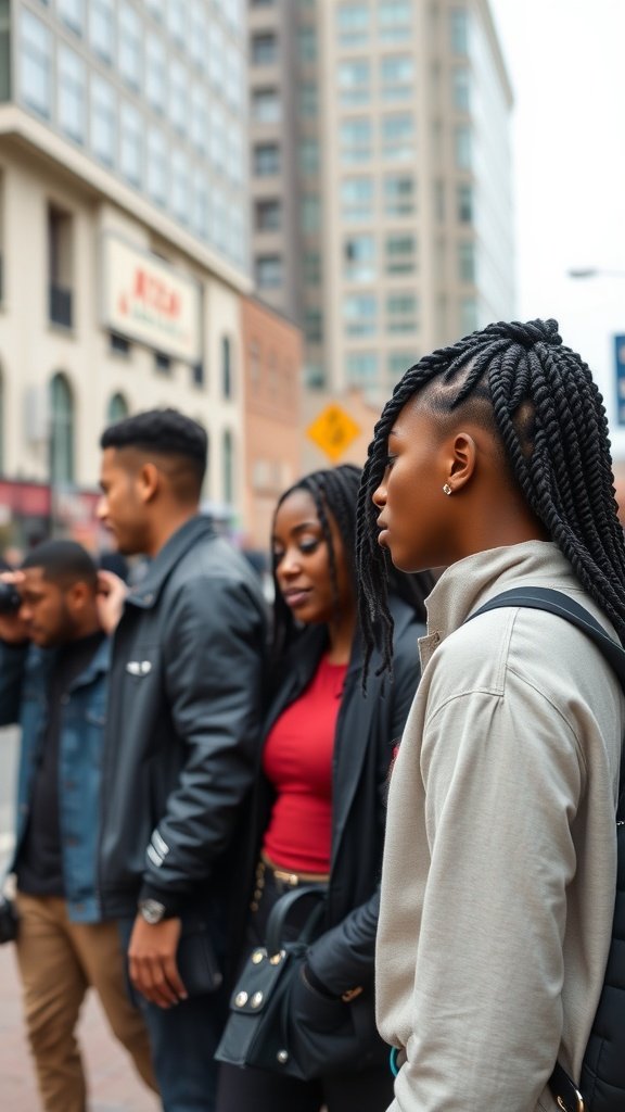 A group of people showcasing stylish jumbo knotless box braids in an urban setting.