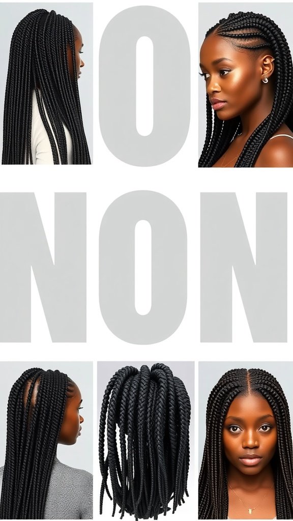 A collage of images showing different angles of jumbo knotless box braids on a model.