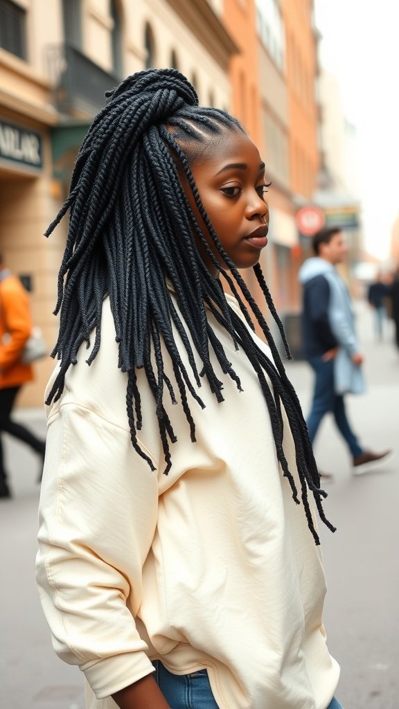 A person with jumbo knotless box braids, wearing a light-colored sweatshirt, standing confidently on a city street.