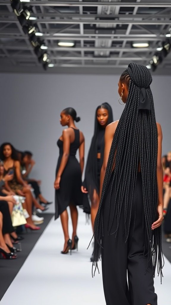 Models showcasing jumbo knotless box braids on a fashion runway