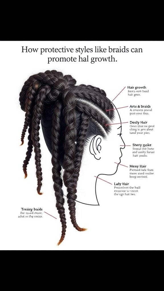 Illustration showing how protective styles like braids can promote hair growth.