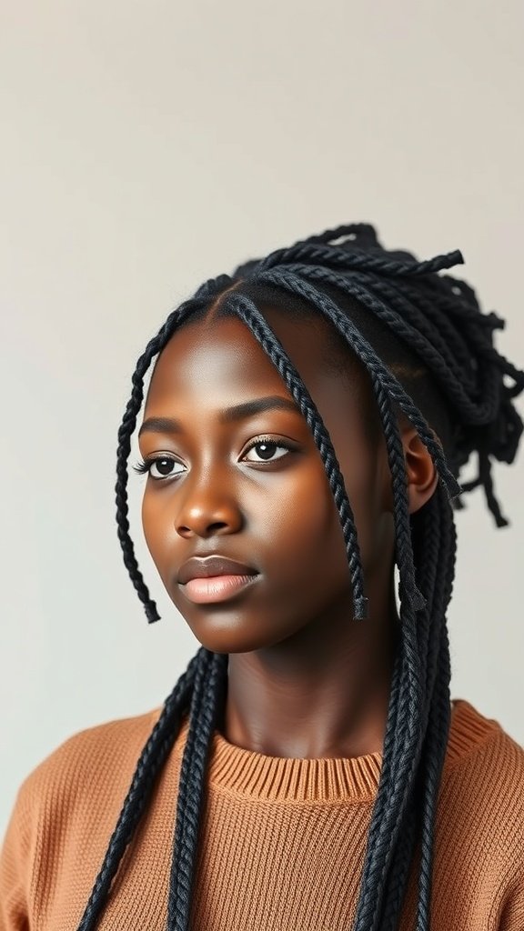 A person with jumbo knotless box braids, showcasing a stylish and confident look.
