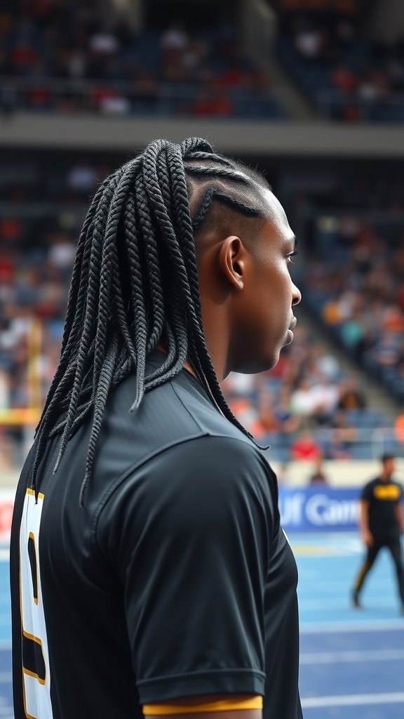 Athlete with jumbo knotless box braids, showcasing a stylish and practical hairstyle for sports.