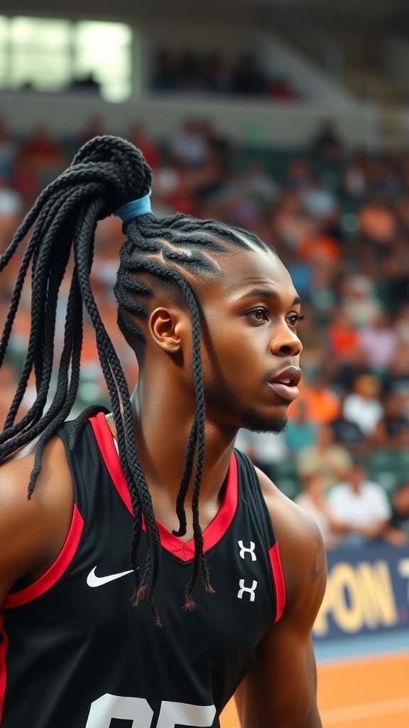 An athlete with jumbo knotless box braids, showcasing a stylish and practical hairstyle.
