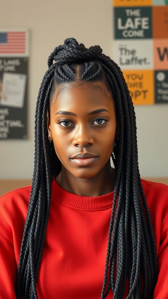 A person with jumbo knotless box braids, wearing a red sweater, looking confidently at the camera.
