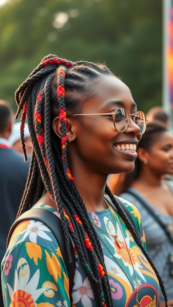 A woman with jumbo knotless box braids decorated with colorful accents, smiling at a festival.