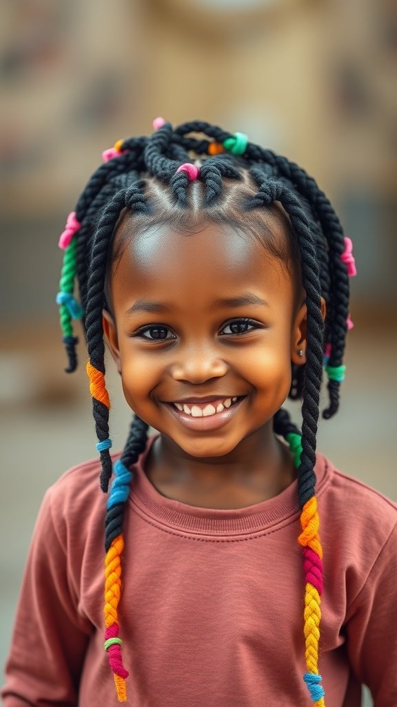 A smiling child with colorful jumbo knotless box braids