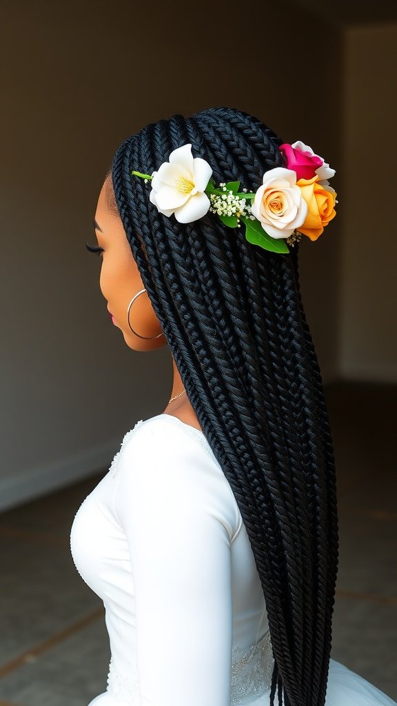 Bride with jumbo knotless box braids and floral decoration