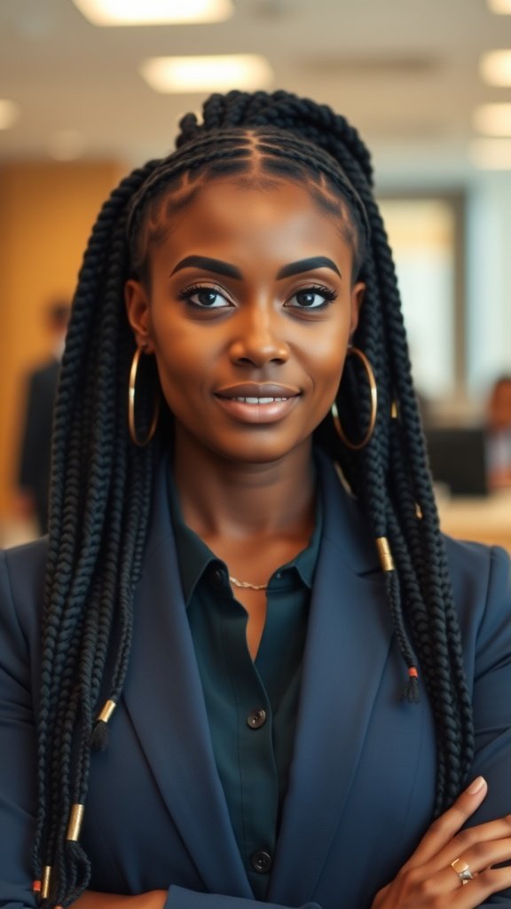 A professional individual with jumbo knotless box braids, wearing a blazer in an office setting.