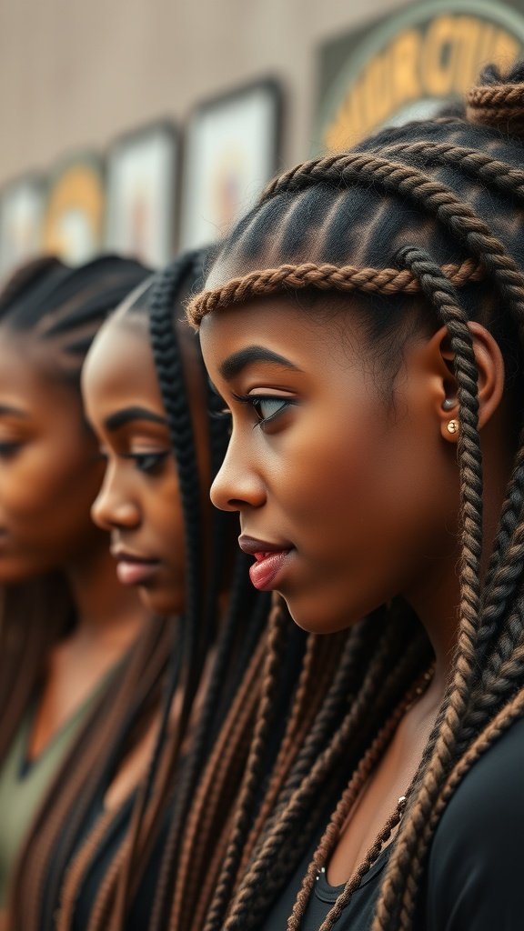 Three women with jumbo knotless box braids, showcasing different styles and colors.