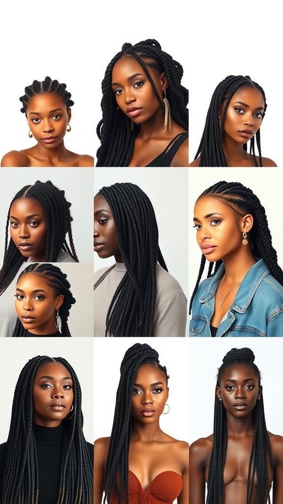 A collage of women showcasing various styles of jumbo knotless box braids.
