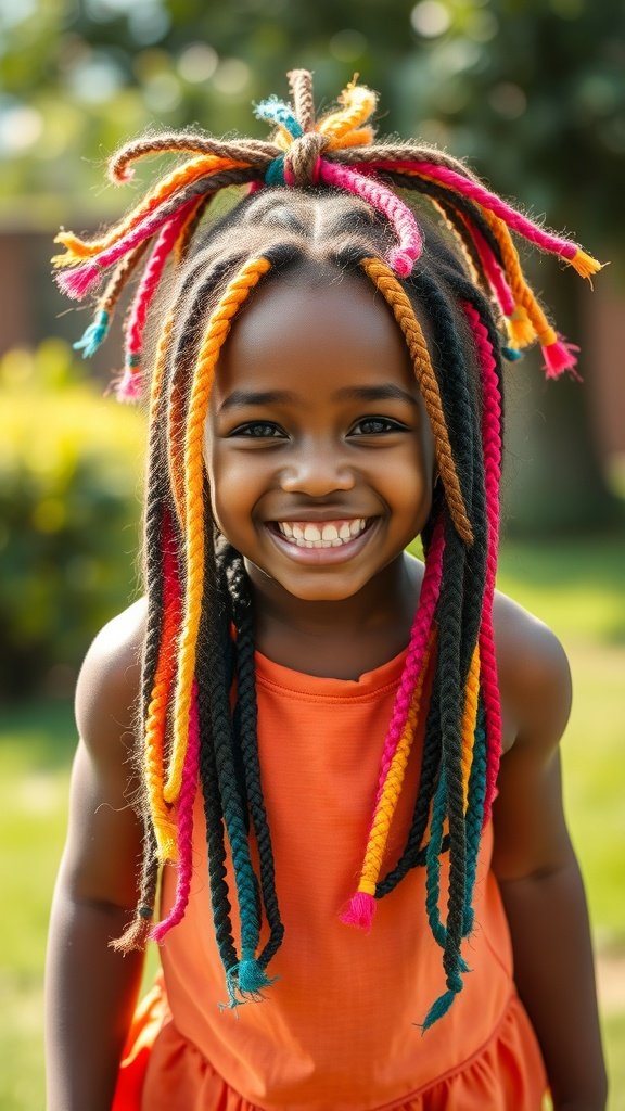 A smiling child with colorful jumbo knotless braids, showcasing a playful hairstyle.
