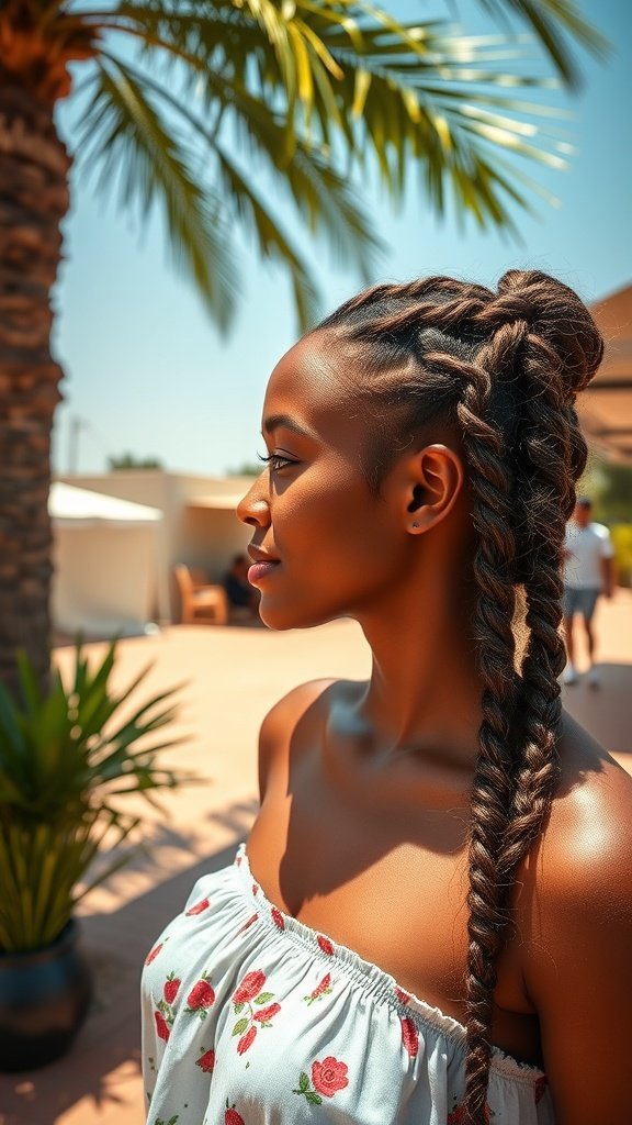 A woman with jumbo knotless braids, enjoying a sunny day with palm trees in the background.