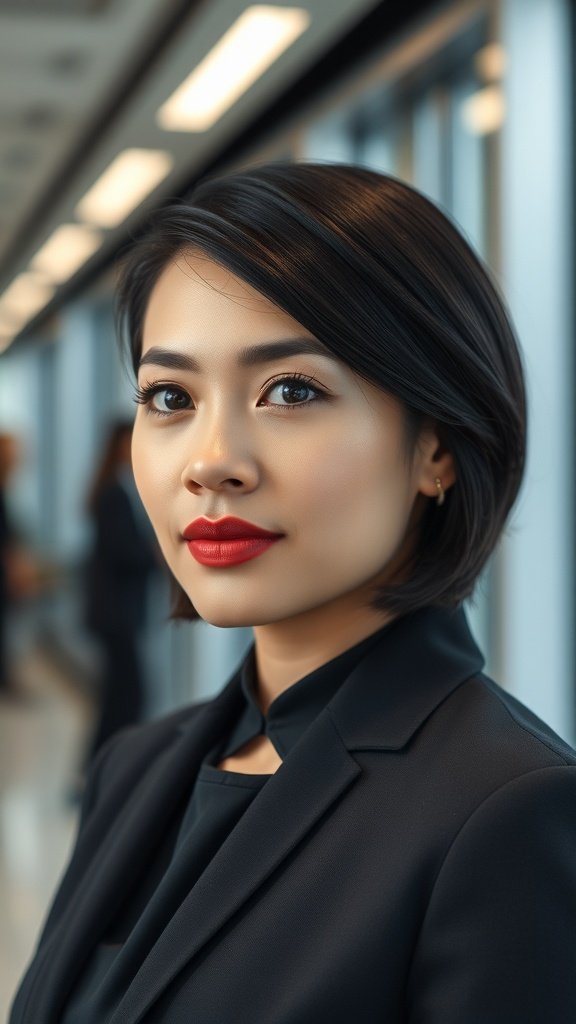 A professional woman with a stylish bob hairstyle, showcasing a confident look.