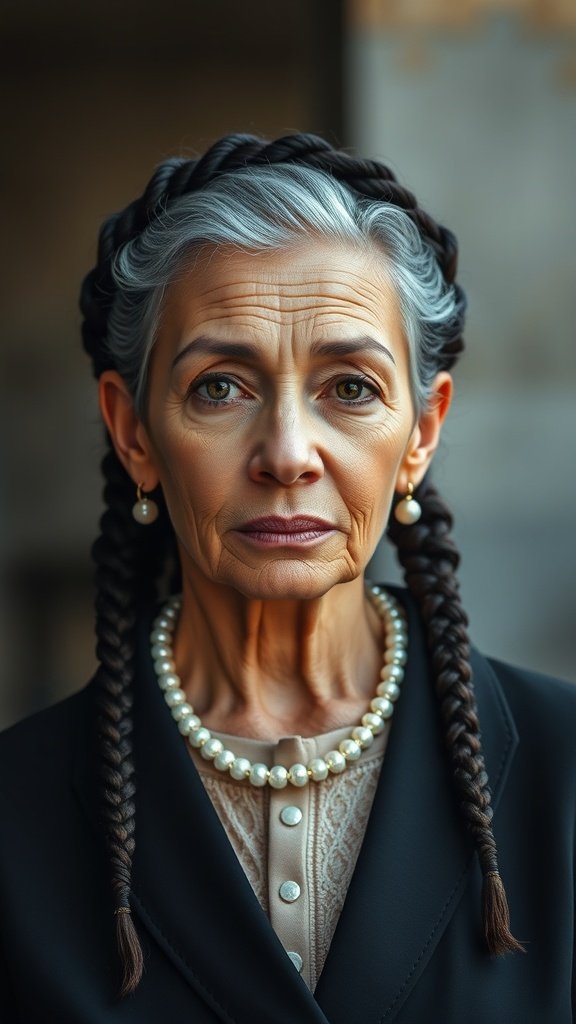 A mature woman with elegant knotless braids, showcasing a stylish and modern look.
